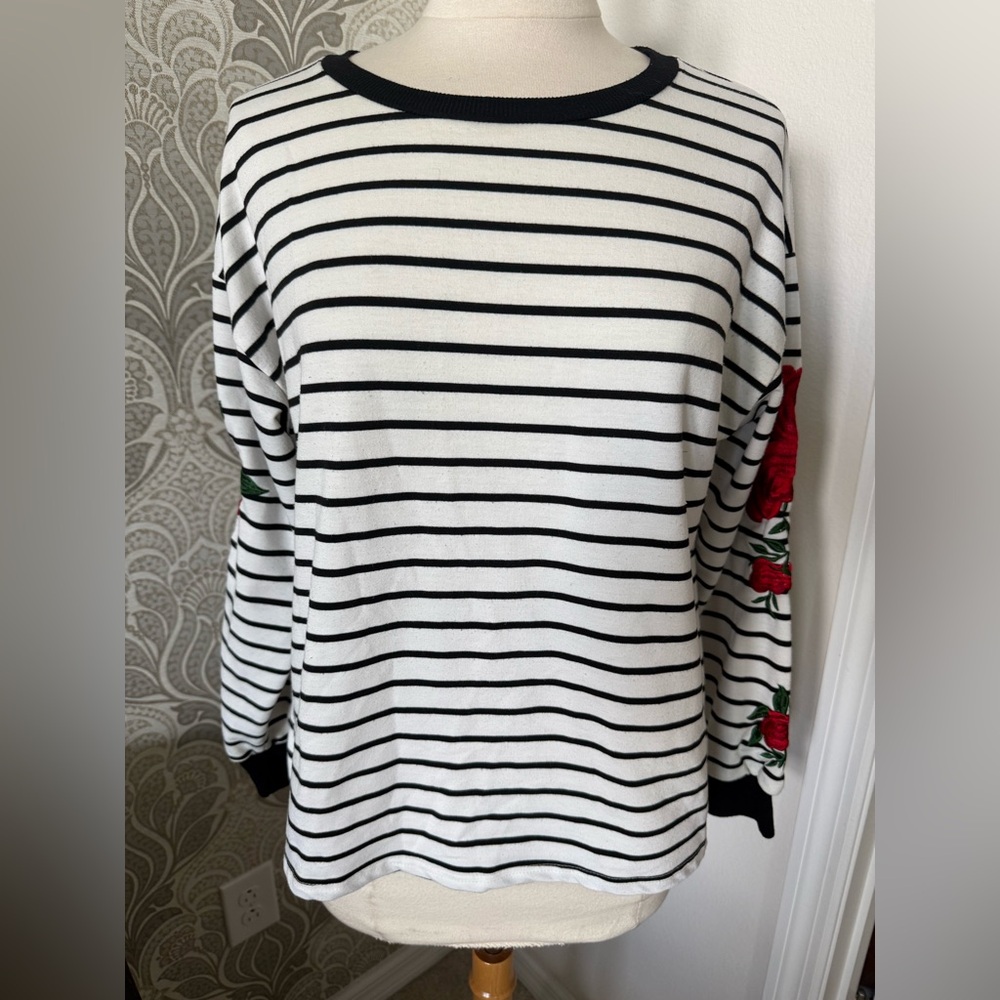 Striped Long Sleeve Top with Floral embroidered Detail